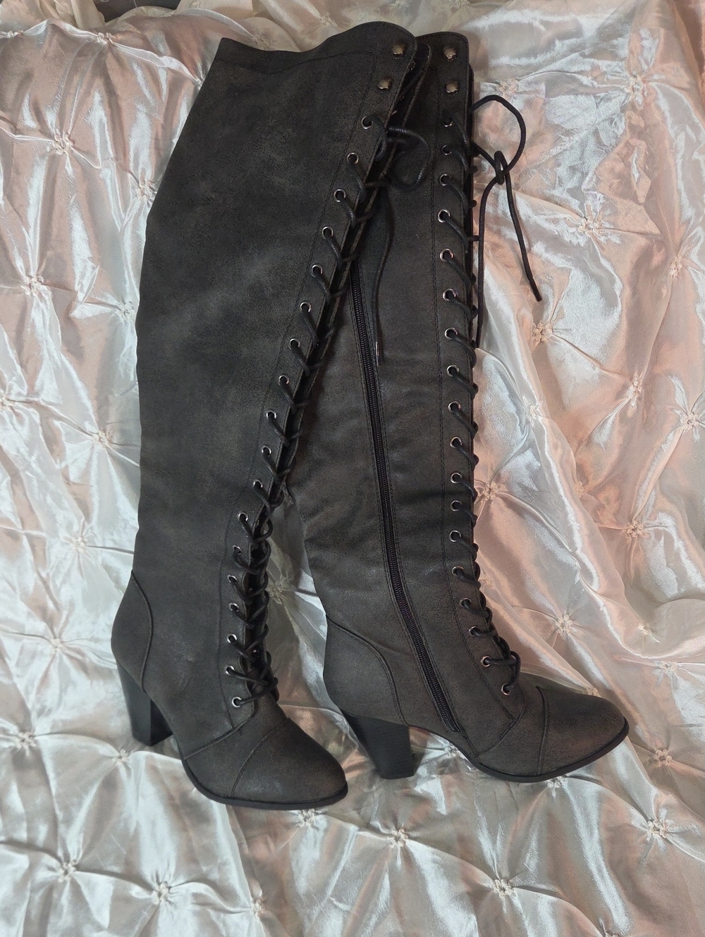 Forever New Charcoal Lace-Up Over-the-Knee Heeled Boots